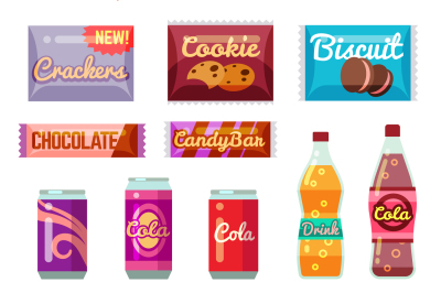 Vending machine products packaging flat icons