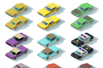 Isometric city cars vector icons in front and rear views