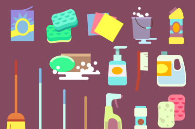 Cleaning maid equipment or service vector flat icons