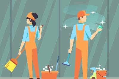 Cleaning staff vector characters woman and man with tools