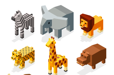 Cartoon 3D isometric african animals. Vector characters set