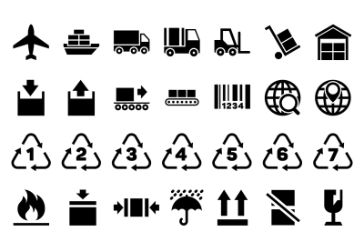 Logistic delivery packing sign and transportation industry icons