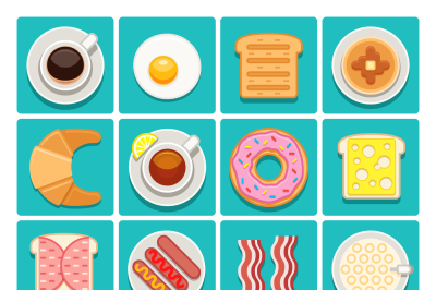 Breakfast food and drinks vector flat icons