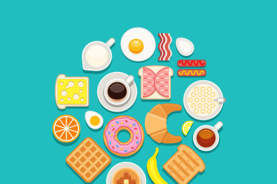 Vector breakfast concept food and drinks with flat icons in circle com