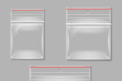 Blank transparent plastic zipper bag vector set