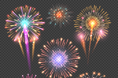 Festive firework vector set on checkered dark background