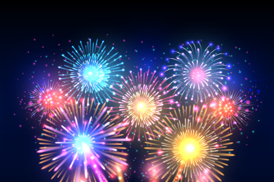 Festive vector background, poster with firework rockets bursting