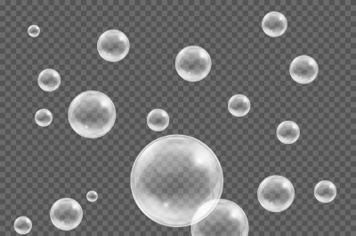 White realistic soap water bubbles vector set