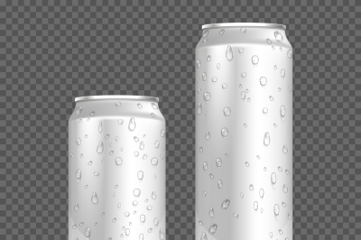 Realistic aluminum cans with water drops. Stock vector
