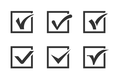 Check marks, ticks in boxes confirmation, positive vector icons