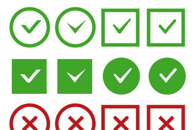 Green check marks and red crosses vector buttons or icons