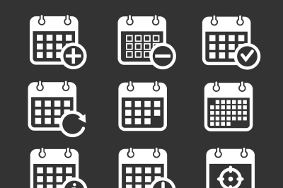 Calendar vector icons with event, add, delete, progress symbols