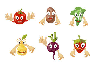 Cute cartoon vegetables and fruit vector collection in comic style