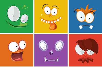 Cartoon funny faces with emotions. Monsters expression vector set