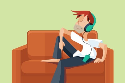 Man resting on sofa couch indoor and listening music. Vector illustrat