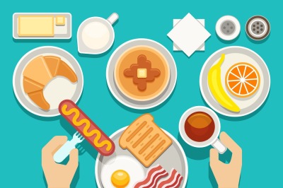 Breakfast vector concept with fresh food and drinks top view