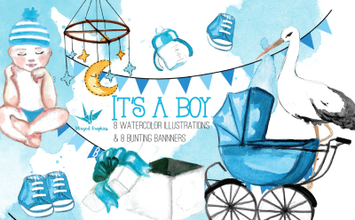 It's a baby boy: watercolor illustration set