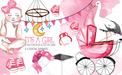 It's a baby GIRL:  watercolor illustration set