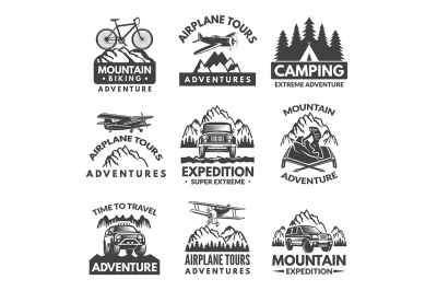 Labels set for travelers club. Vector monochrome pictures