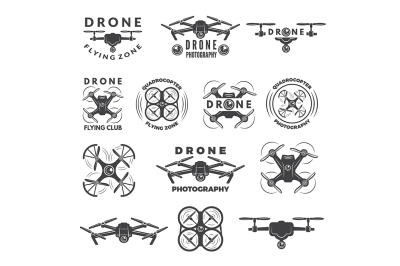 Set labels with different illustrations of drones