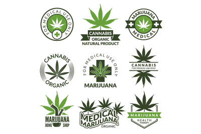 Labels set with different pictures of marijuana plants