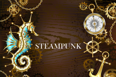 Wooden Background with Mechanical Seahorse ( Steampunk )