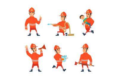 Cartoon characters of firefighters in action poses