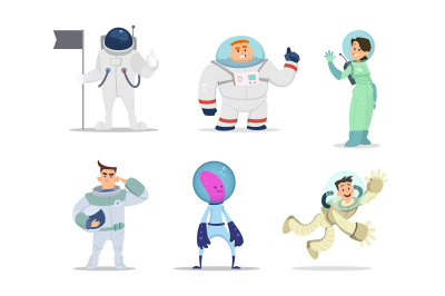 Male and female astronauts. Cartoon characters in action poses