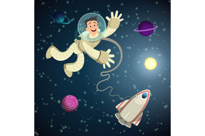 Astronaut in open space with shuttle and some planets