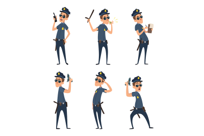 Funny cartoon characters of policemen in action poses