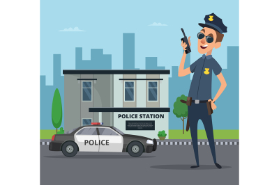 Building of police station and cartoon character of policeman