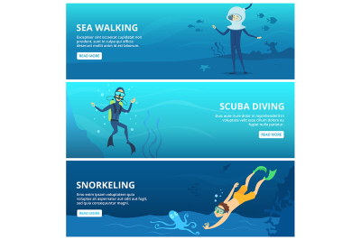 Horizontal banners with sea scuba divers