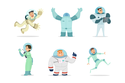 Space characters. Mascots of astronauts in cartoon style