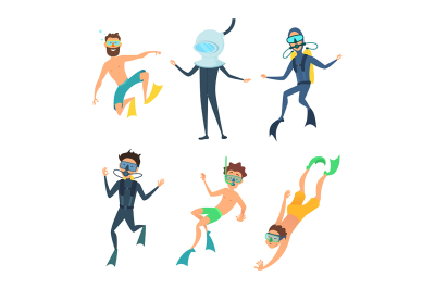 Cartoon illustrations of sea divers funny characters