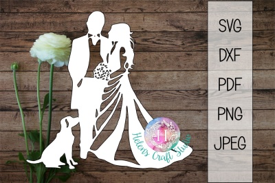 Wedding couple and dog silhouette cutting file SVG DXF PDF JPEG PNG