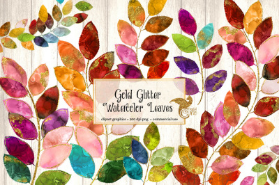 Gold Glitter Watercolor Leaves