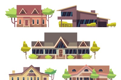 Private residential cottage houses flat vector icons