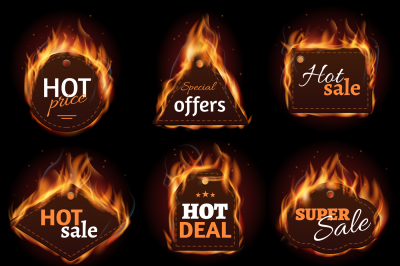 Hot fire sale, price, deal, offer labels, tag, badge set