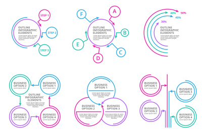 Infographic charts thin line elements vector set