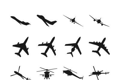 Aircrafts, helicopters, drones black vector icons