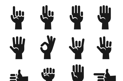 Hands icons set finger counting, stop gesture, devil horns, okay, v si