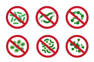 Antibacterial icons with germ. Bacteria kill vector symbol. Control in