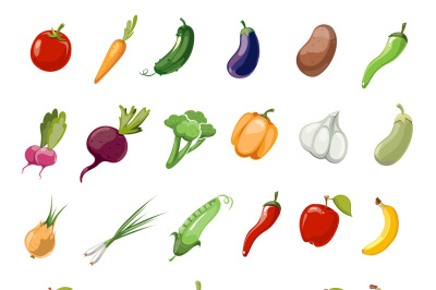 Cartoon fruit and vegetables organic healthy big vector icons collecti