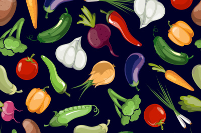 Assorted vegetables vector seamless pattern on black background