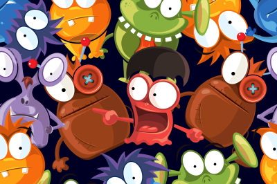 Seamless monsters vector pattern on black background