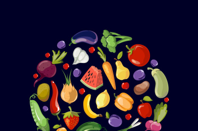 Fruits and vegetables organic food icons in circle design