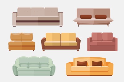 Sofa and couches furniture flat vector icons set