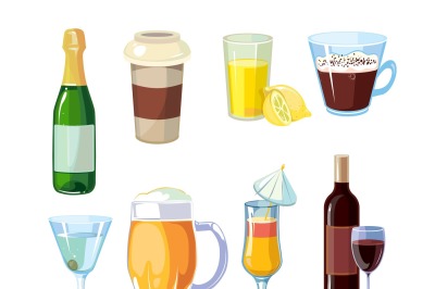 Alcohol and non alcoholic drinks with bottles, glasses vector