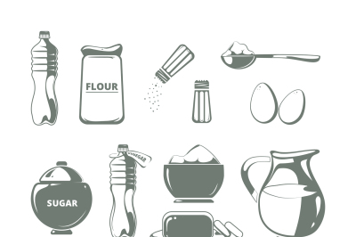 Baking ingredients monochrome vector set