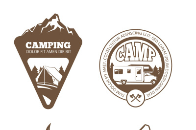 Hiking and camping retro vector labels, emblems, logos, badges